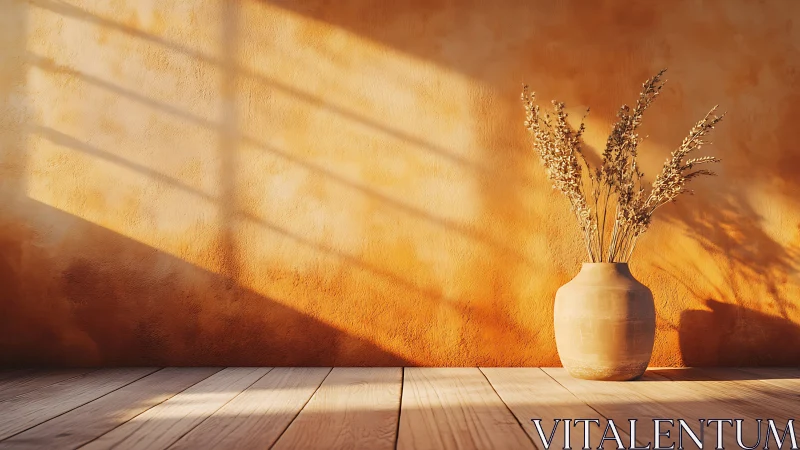 Sunlit ceramic vase with dried grasses against textured wall