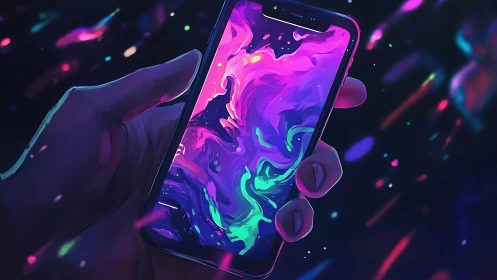Neon liquid galaxy swirling across smartphone screen.