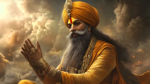 Regal Sikh elder in golden attire amid storm-lit clouds.