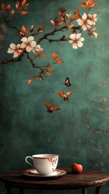 Blossoming branch and teacup create tranquil vignette scene.
