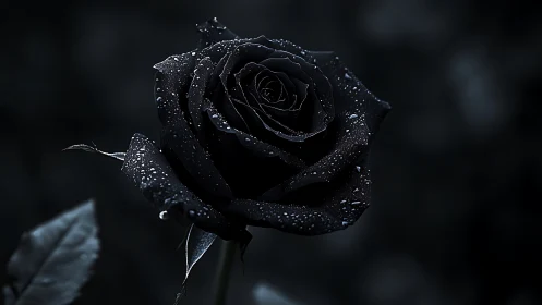 Midnight black rose glistens with dewdrops in soft darkness.