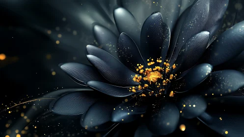 Metallic black flower glows with golden particulate core