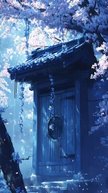 Moonlit shrine gate under cascading cherry blossoms.