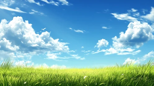 Sunlit grass field stretches beneath vast serene sky
