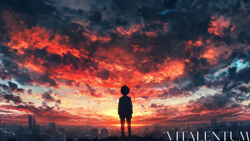 Silhouetted youth watches a burning sunset above the city