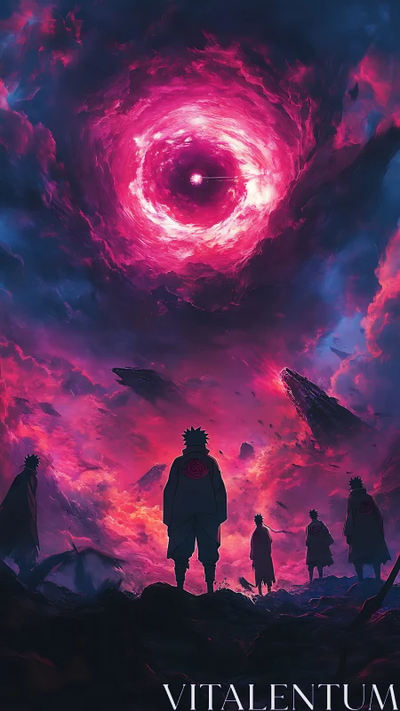 Vortex-lit wasteland with cloaked silhouettes under swirling nebula