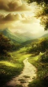 Sunlit meadow pathway winding toward misty green mountains.