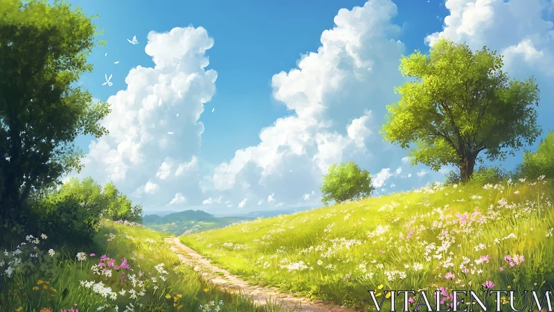 Sunlit country path through flowering meadow under cumulus sky