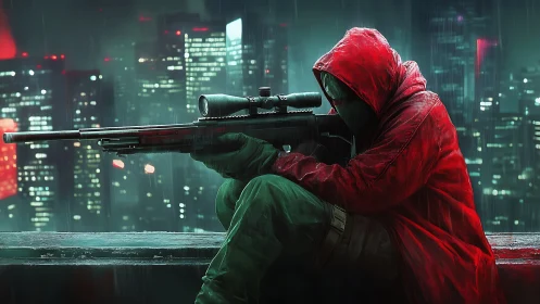 Sniper operator positioned on urban rooftop against night cityscape