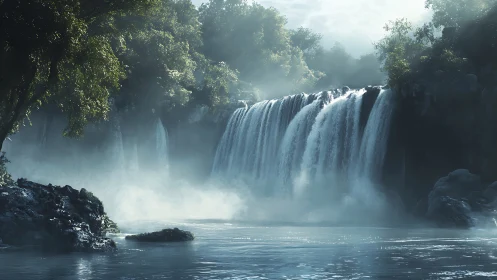 Morning mist braids a silver curtain of forest waterfalls