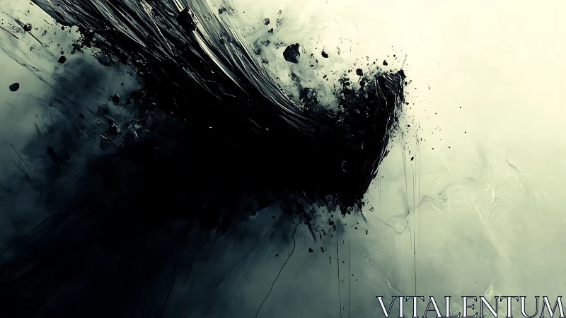 Dark abstract shard erupts across pale misty void.