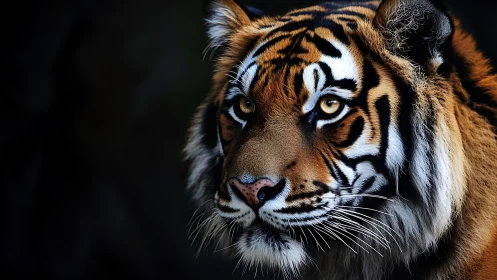Regal tiger gazes through shadows with quiet, intense focus