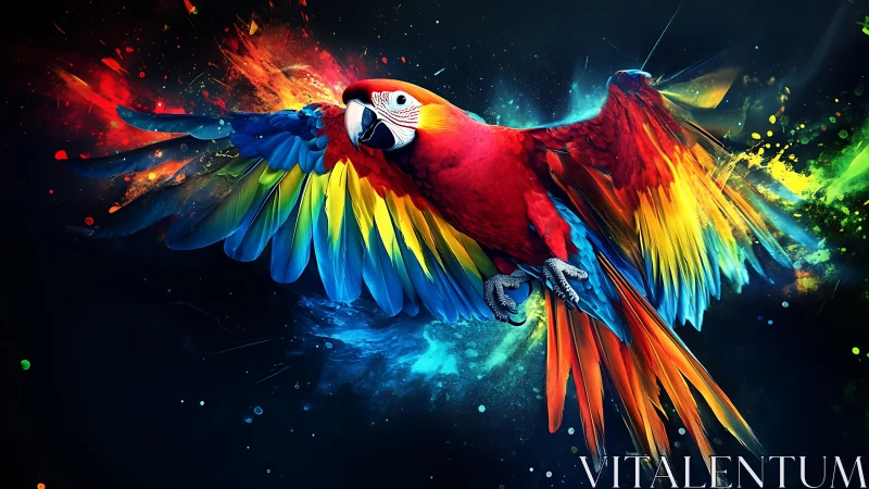 Vibrant Parrot in Flight, Digital Art with Colorful Splashes.