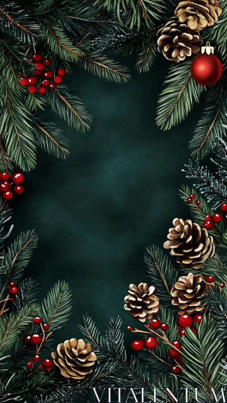 Symmetric pine bough frame with cones, berries, and ornament.