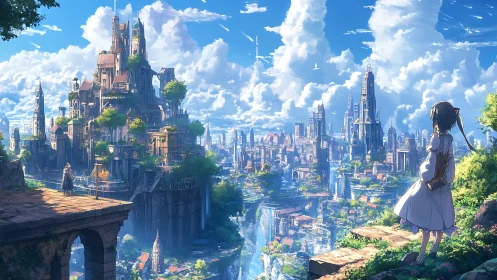 Futuristic terraced cityscape extends beneath clouded sky