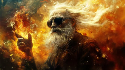 Elderly fire mage with flowing hair in blazing orange aura.