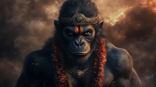 Mythic simian warrior portrait in dramatic digital rendering.