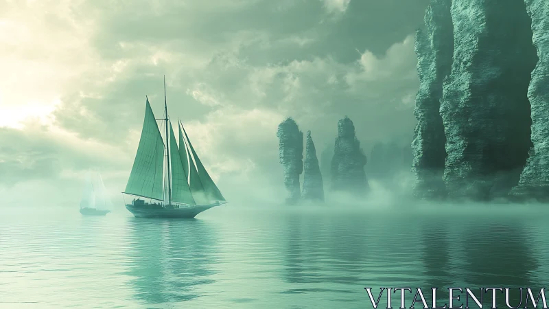 Twin schooners in teal mist near towering sea stacks at dawn