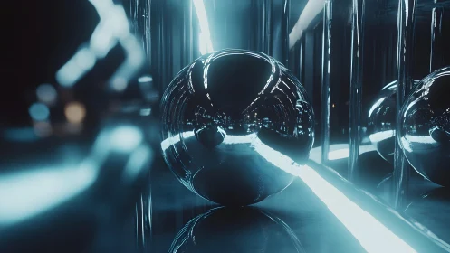 Futuristic Metallic Sphere in Neon Blue Light, Abstract Style.