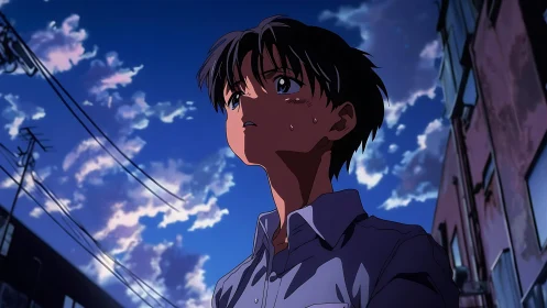 Anxious anime boy gazes at dramatic twilight sky in city.