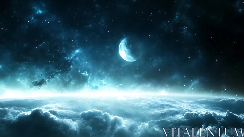 Luminous lunar horizon above stratified nebular cloudscape