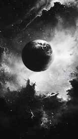 Monochrome planet sphere is centered within luminous nebula