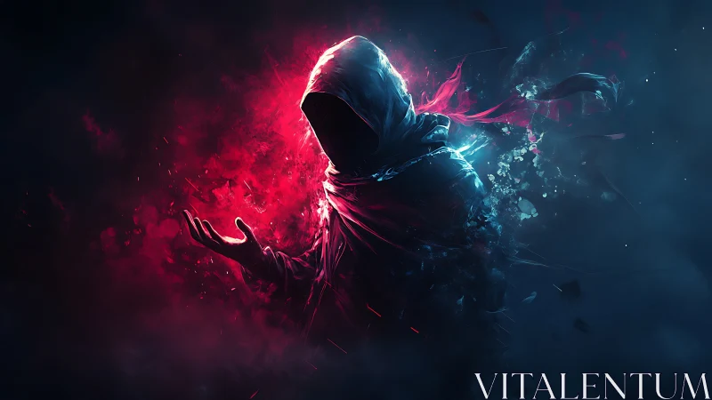 Hooded specter commands swirling crimson energy in darkness