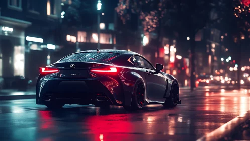 Rain-wet urban night scene renders Lexus coupe with reflective bokeh