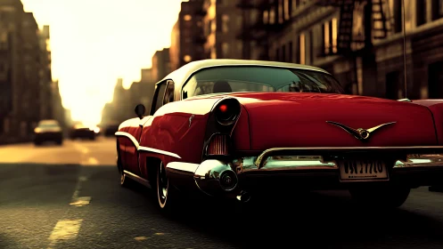 Golden hour city drive lets a red classic car quietly shine