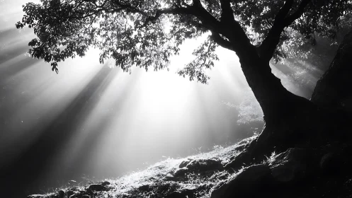 Majestic tree with sunbeams in black and white landscape photography.