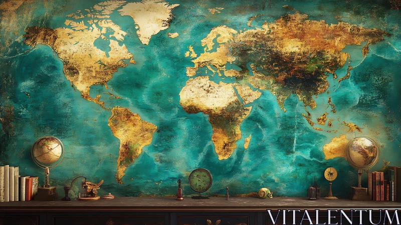World map mural dominates teal wall above vintage desk