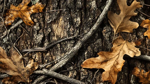 Golden oak leaves resting softly on rugged tree bark.