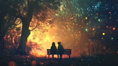 Two Figures on Bench Beneath Luminous Forest Canopy