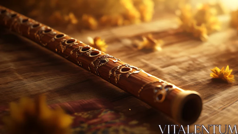 Sunlit wooden flute lounges among scattered autumn petals