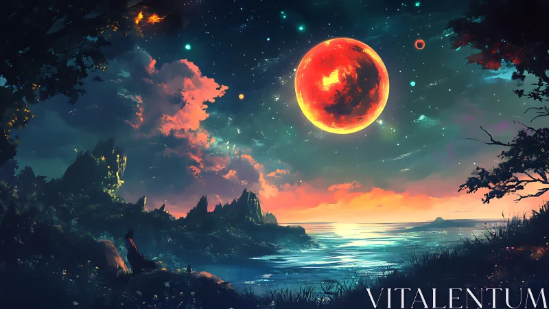 Large red moon is positioned above coastal landscape at dusk