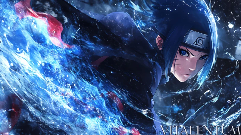 Storm-lit ninja warrior racing through shards of blue water.