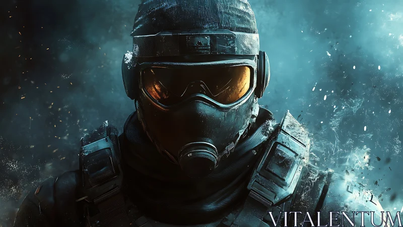 Armored tactical soldier with gas mask in icy debris field.