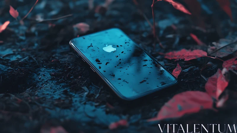 Smartphone rests on wet forest floor under teal light.