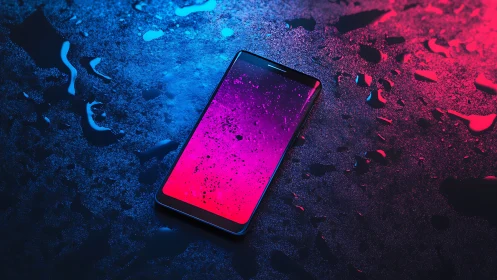 Smartphone Display Emitting Neon Luminescence Against Digital Landscape.