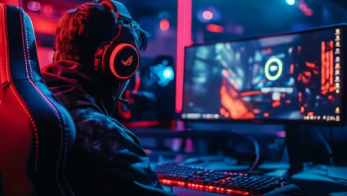 Computer gamer at RGB desktop setup in neon studio.