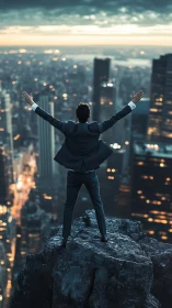 Male figure standing on elevated outcrop overlooking urban cityscape.