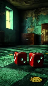 Red dice rest on worn green floor in decayed interior room