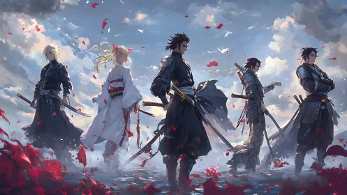 Samurai under rose-torn skies gather in quiet resolve.