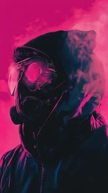 Neon gasmask drifter in electric magenta vapor storm.