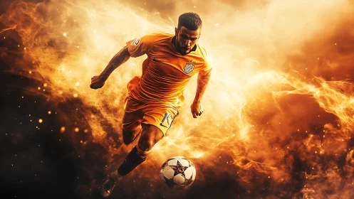 Blazing soccer runner racing through swirling golden fire.