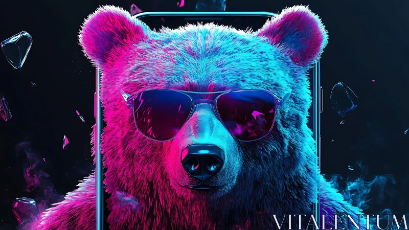 Neon-colored bear in sunglasses framed by smartphone outline.