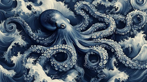 Giant blue octopus twists through stormy monochrome sea