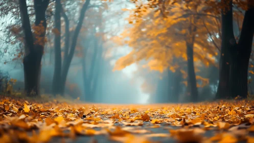 Autumn Forest Canopy with Golden Leaf Litter and Atmospheric Perspective