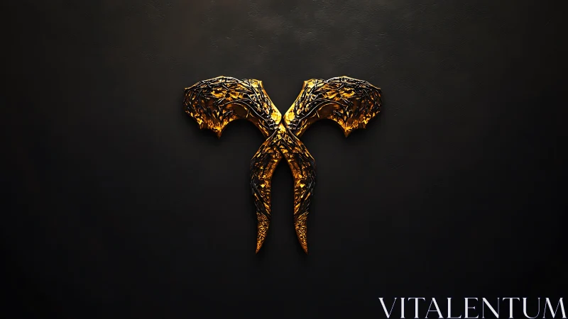 Golden demonic emblem over black minimalist background.