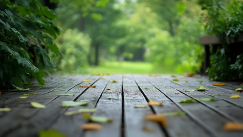 Weathered wooden path with scattered fallen leaves.